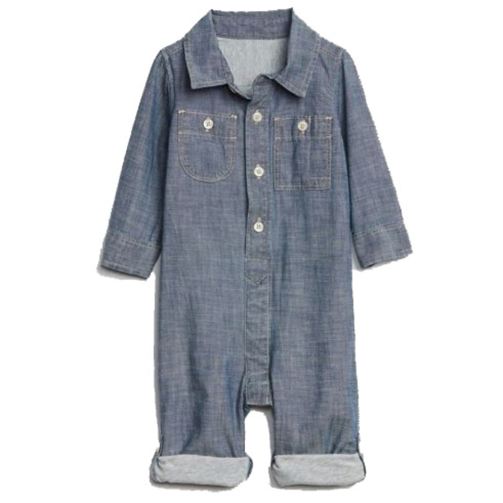 Baby Gap Factory NWT Blue Chambray Denim Jersey Lined Roll-Up Romper 3-6 12-18
